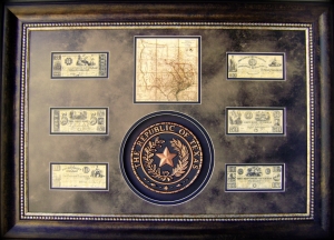 3 Dimensional art-Republic of TX Seal, Map & Currency