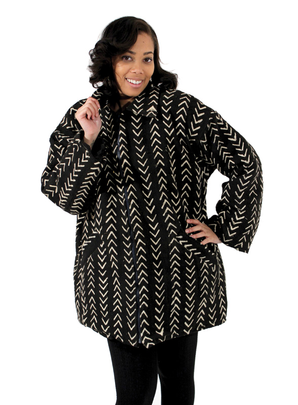 Mid-Length Mud Cloth Coat Black and White